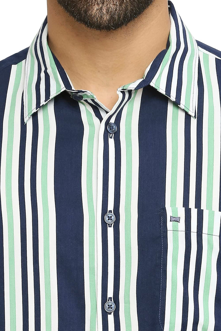 BASICS SLIM FIT PINE GREEN COTTON VISCOSE PRINTED STRIPE SHIRT