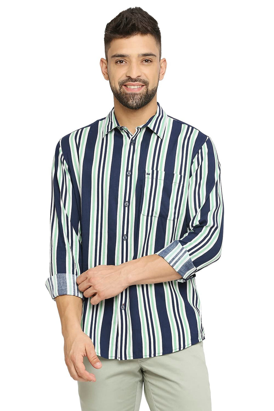 BASICS SLIM FIT PINE GREEN COTTON VISCOSE PRINTED STRIPE SHIRT