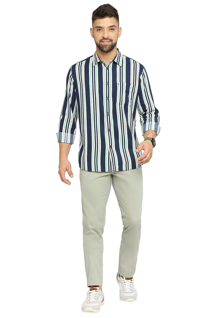 BASICS SLIM FIT PINE GREEN COTTON VISCOSE PRINTED STRIPE SHIRT
