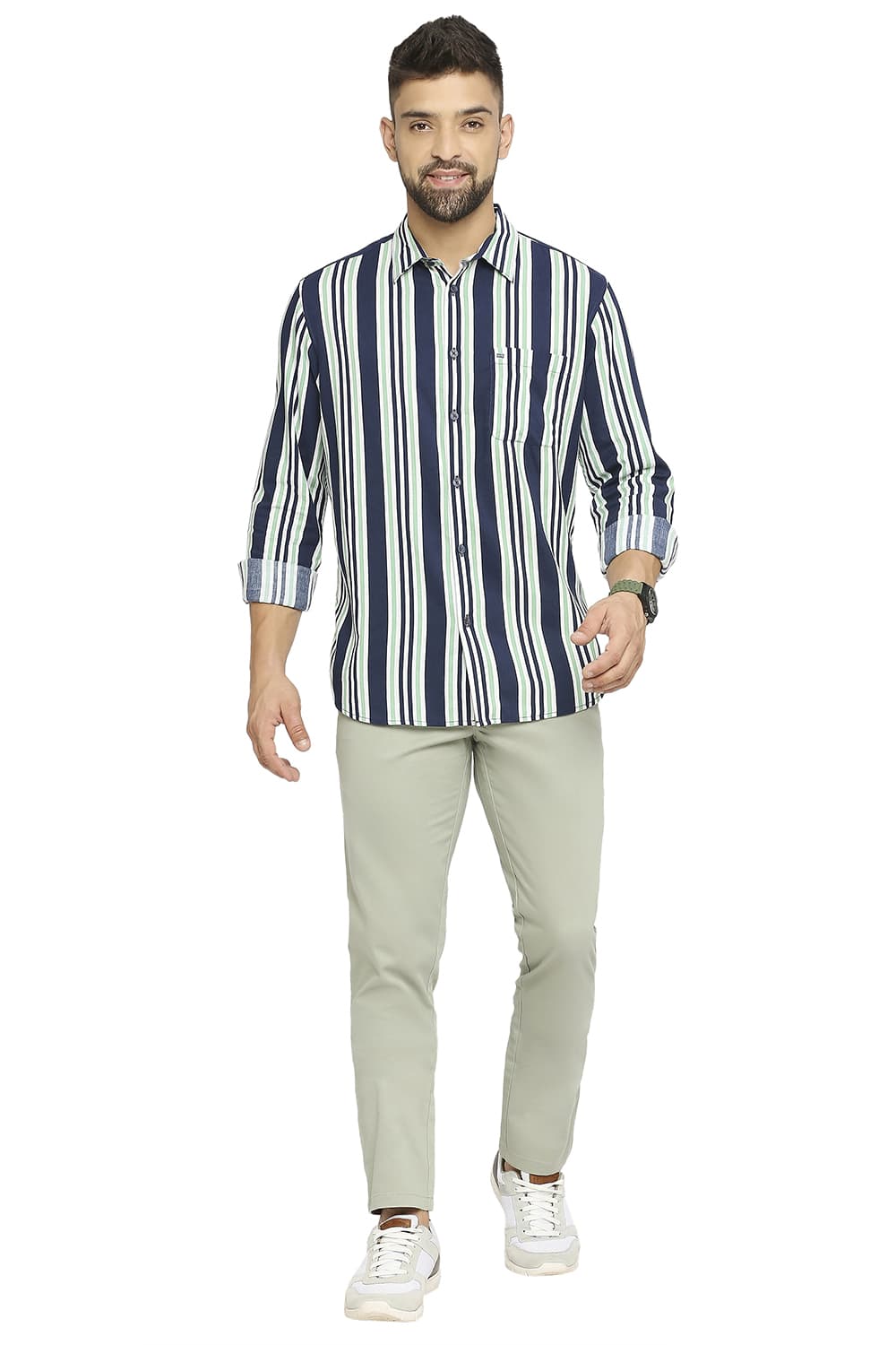 BASICS SLIM FIT COTTON VISCOSE PRINTED STRIPE SHIRT