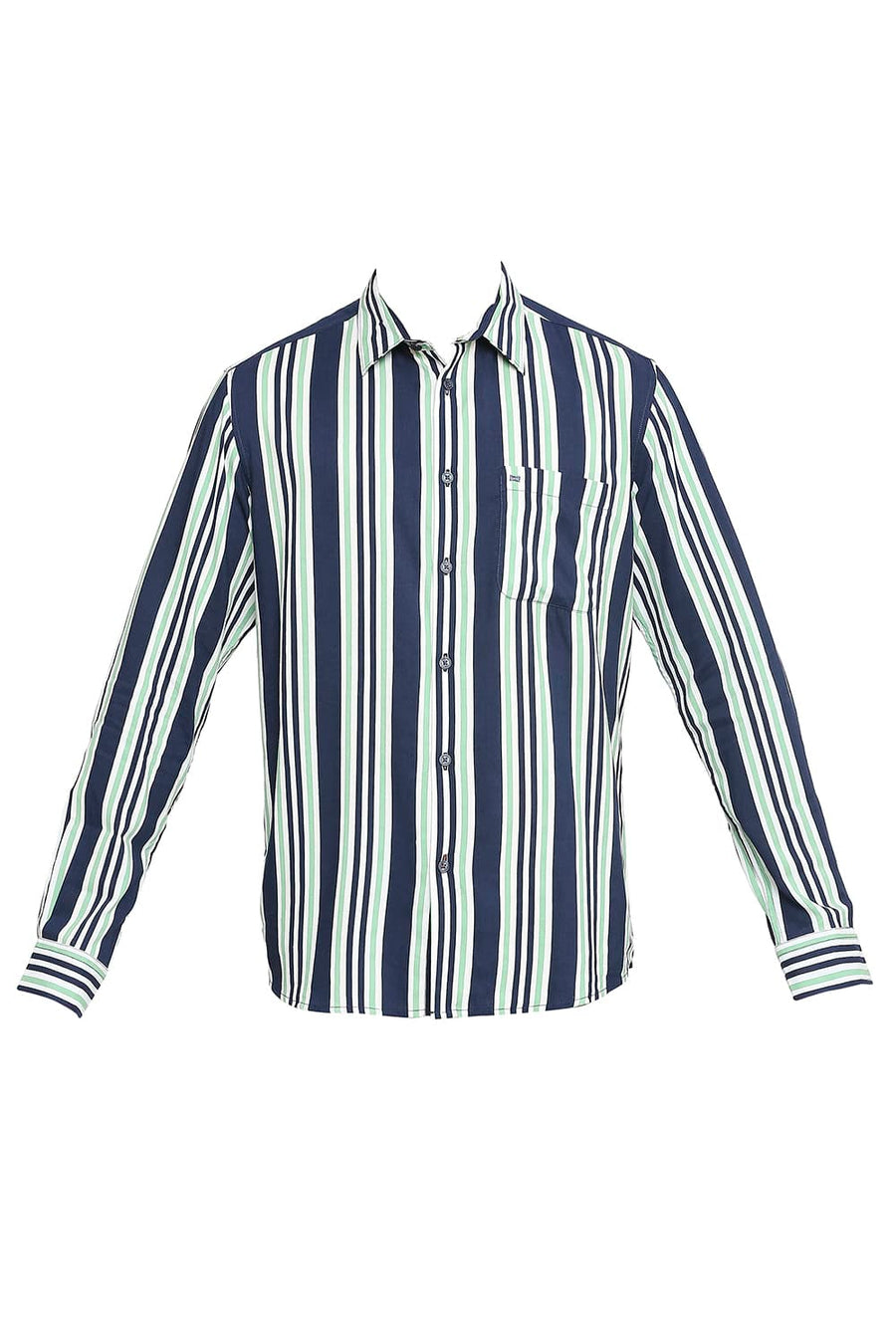 BASICS SLIM FIT PINE GREEN COTTON VISCOSE PRINTED STRIPE SHIRT
