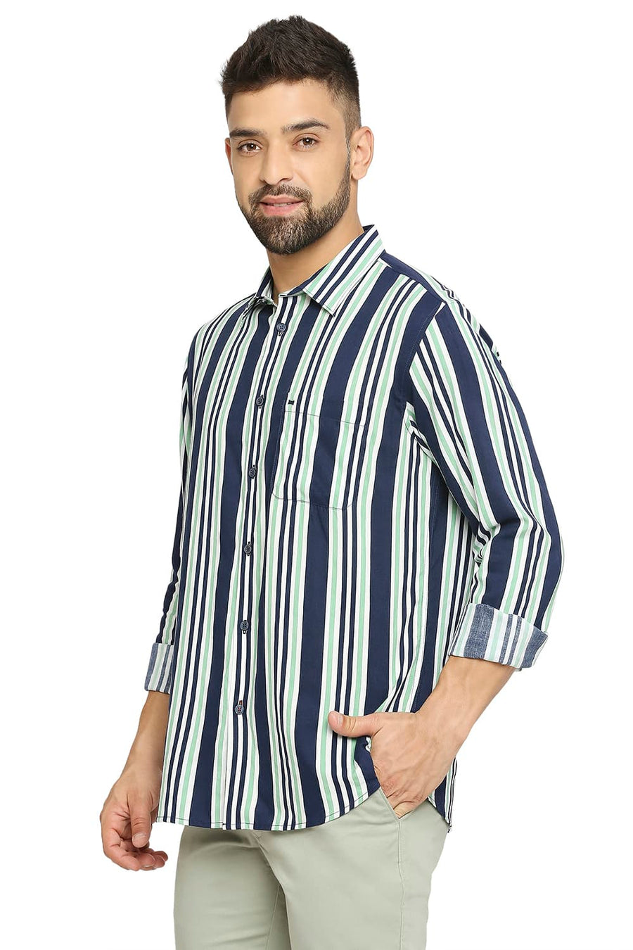 BASICS SLIM FIT PINE GREEN COTTON VISCOSE PRINTED STRIPE SHIRT