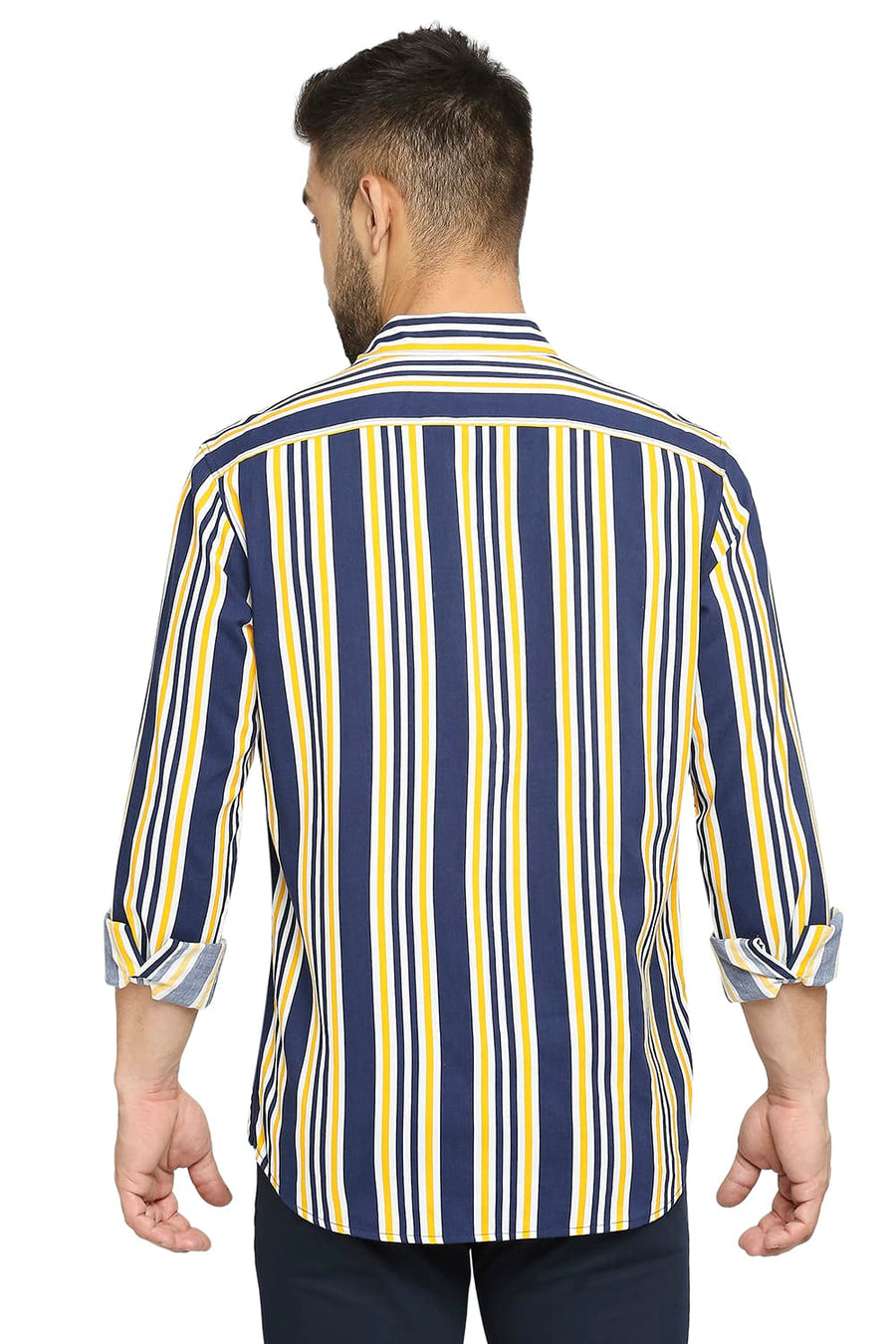 BASICS SLIM FIT CHROME YELLOW COTTON VISCOSE PRINTED STRIPE SHIRT