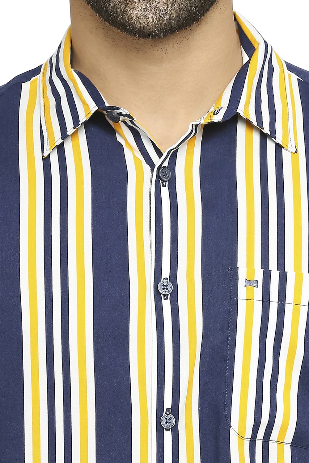 BASICS SLIM FIT COTTON VISCOSE PRINTED STRIPE SHIRT