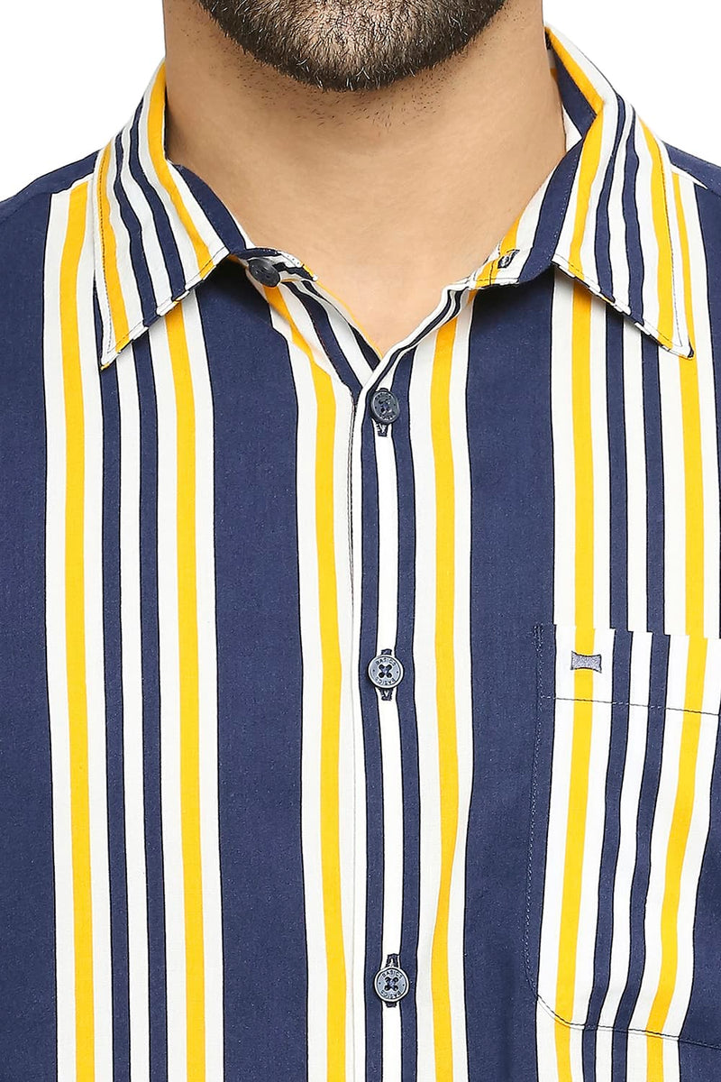 BASICS SLIM FIT COTTON VISCOSE PRINTED STRIPE SHIRT