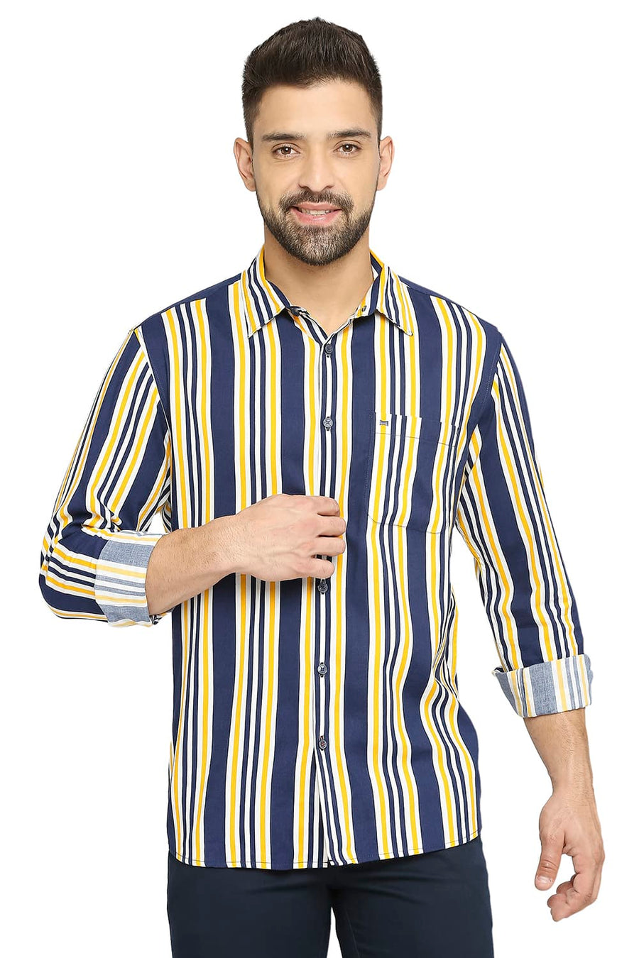 BASICS SLIM FIT CHROME YELLOW COTTON VISCOSE PRINTED STRIPE SHIRT