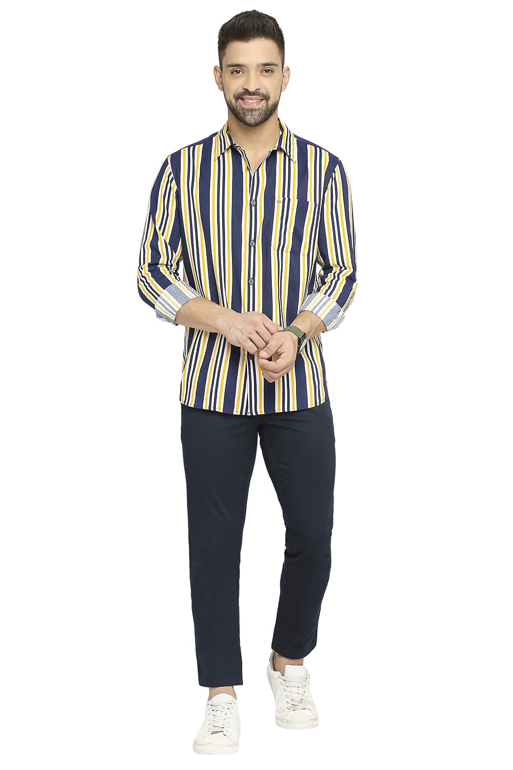 BASICS SLIM FIT COTTON VISCOSE PRINTED STRIPE SHIRT