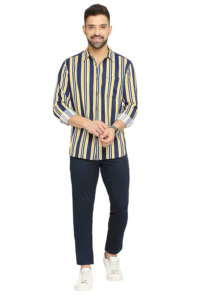 BASICS SLIM FIT COTTON VISCOSE PRINTED STRIPE SHIRT