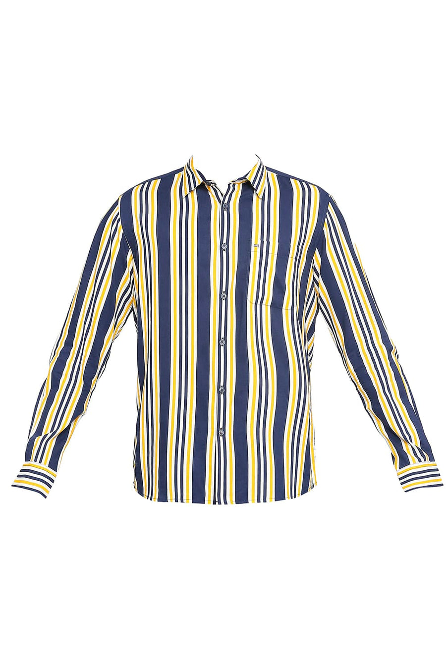 BASICS SLIM FIT CHROME YELLOW COTTON VISCOSE PRINTED STRIPE SHIRT