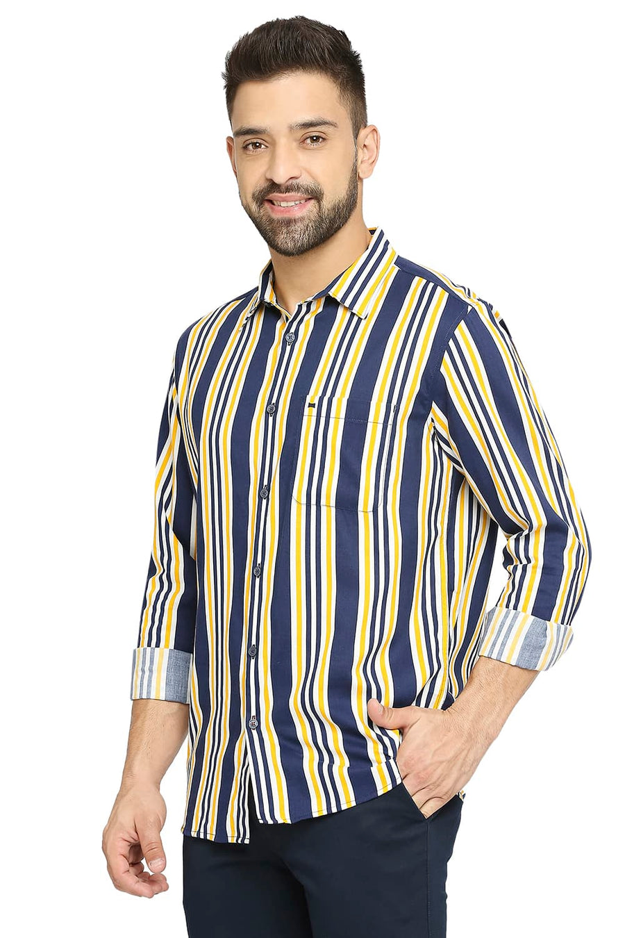 BASICS SLIM FIT CHROME YELLOW COTTON VISCOSE PRINTED STRIPE SHIRT