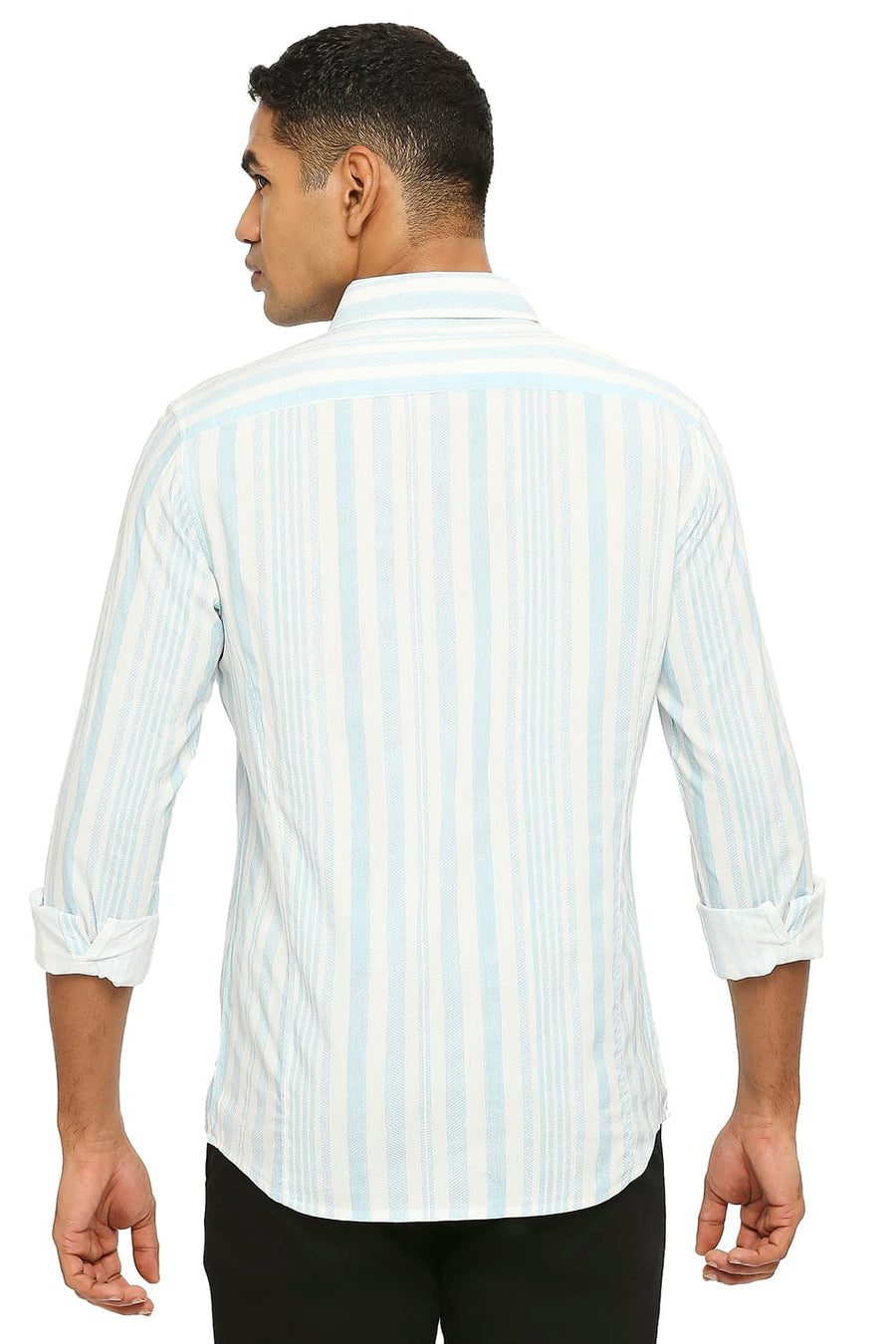 BASICS SLIM FIT AQUATIC BLUE COTTON VISCOSE PRINTED STRIPE SHIRT
