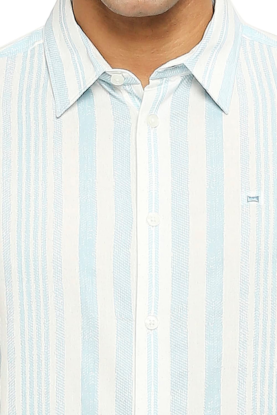 BASICS SLIM FIT AQUATIC BLUE COTTON VISCOSE PRINTED STRIPE SHIRT