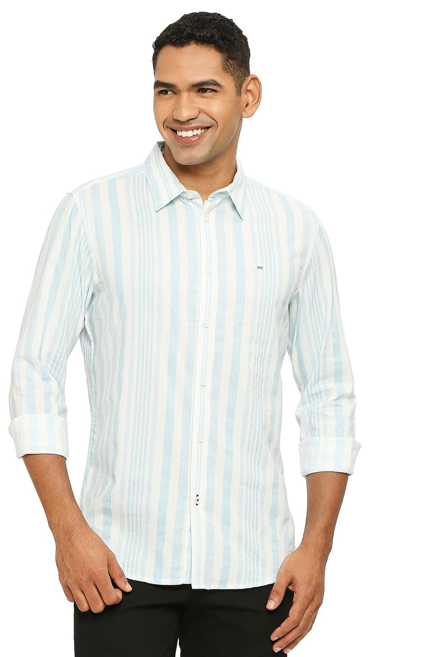 BASICS SLIM FIT AQUATIC BLUE COTTON VISCOSE PRINTED STRIPE SHIRT