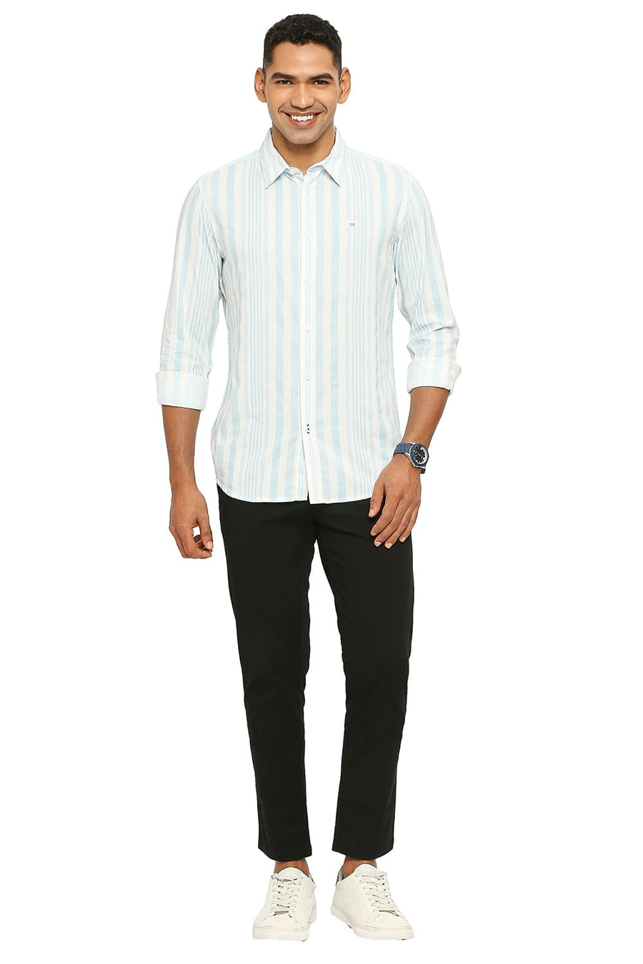 BASICS SLIM FIT AQUATIC BLUE COTTON VISCOSE PRINTED STRIPE SHIRT