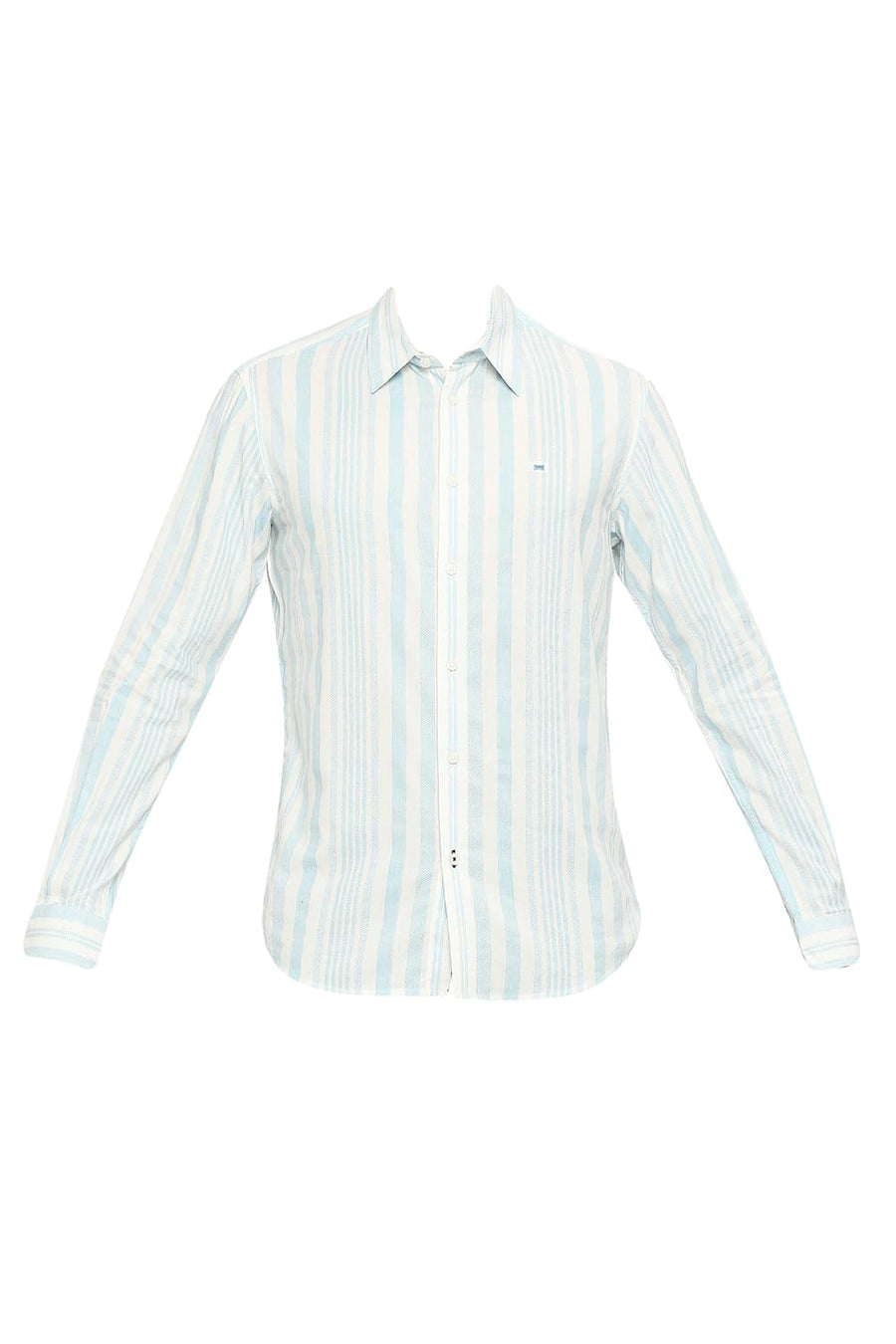 BASICS SLIM FIT AQUATIC BLUE COTTON VISCOSE PRINTED STRIPE SHIRT