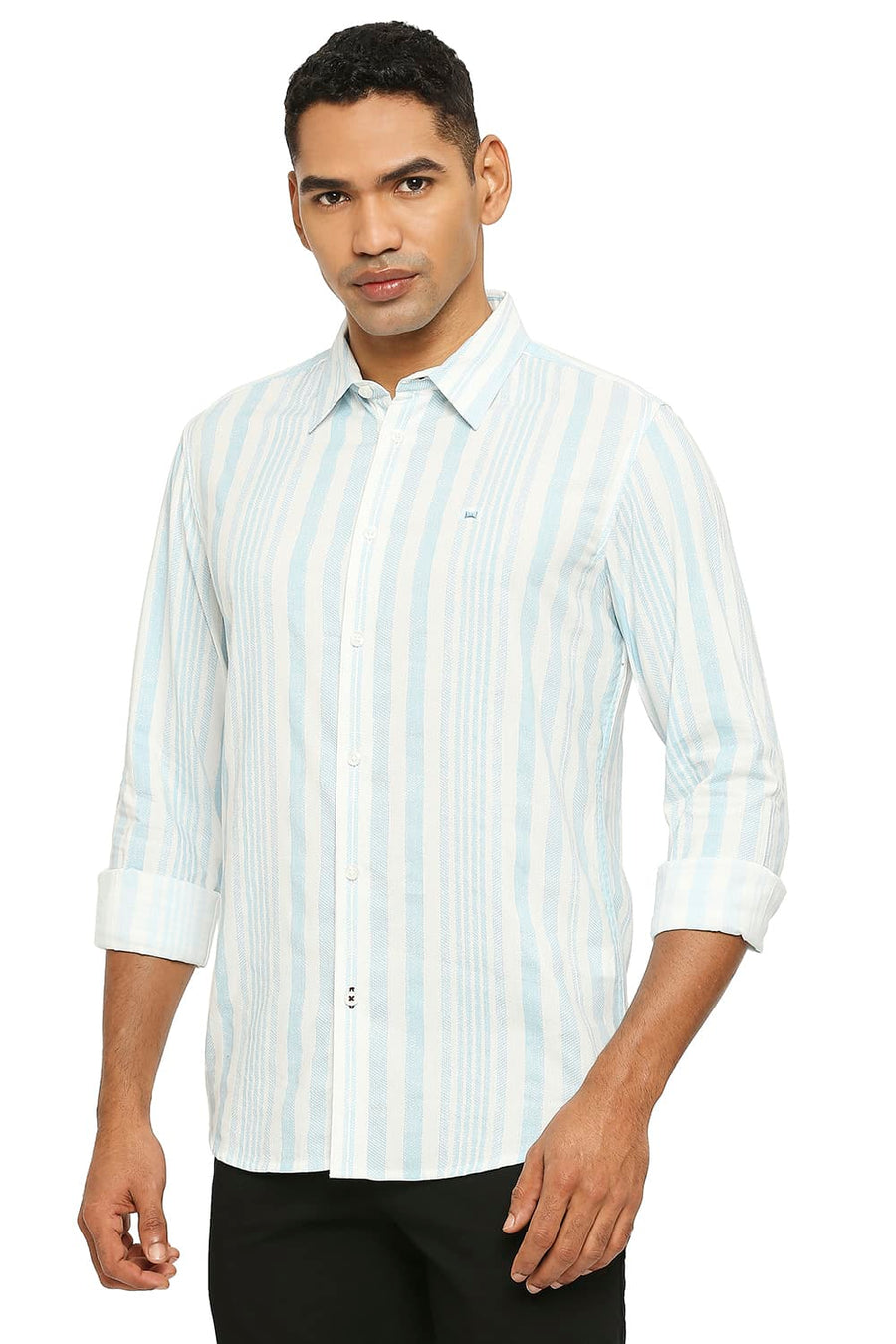 BASICS SLIM FIT AQUATIC BLUE COTTON VISCOSE PRINTED STRIPE SHIRT