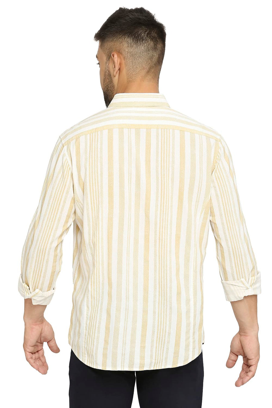 BASICS SLIM FIT SUMMER BEIGE COTTON VISCOSE PRINTED STRIPE SHIRT