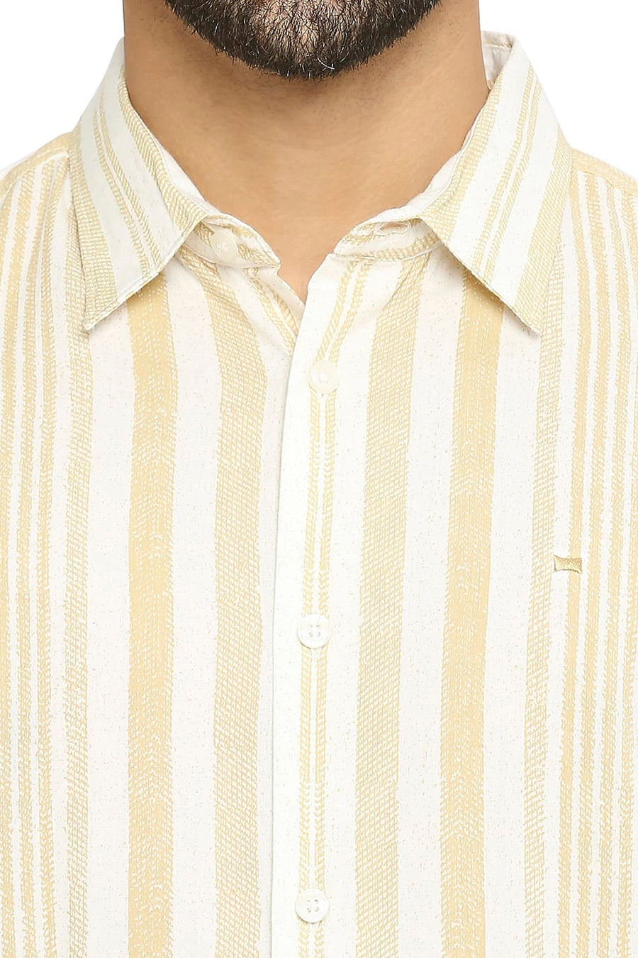 BASICS SLIM FIT SUMMER BEIGE COTTON VISCOSE PRINTED STRIPE SHIRT