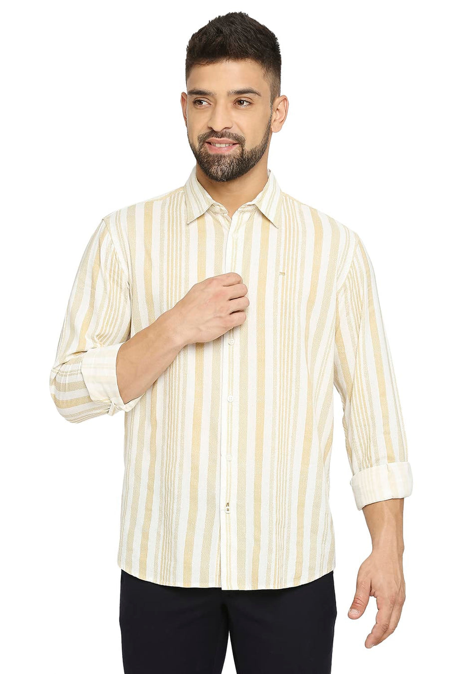 BASICS SLIM FIT SUMMER BEIGE COTTON VISCOSE PRINTED STRIPE SHIRT