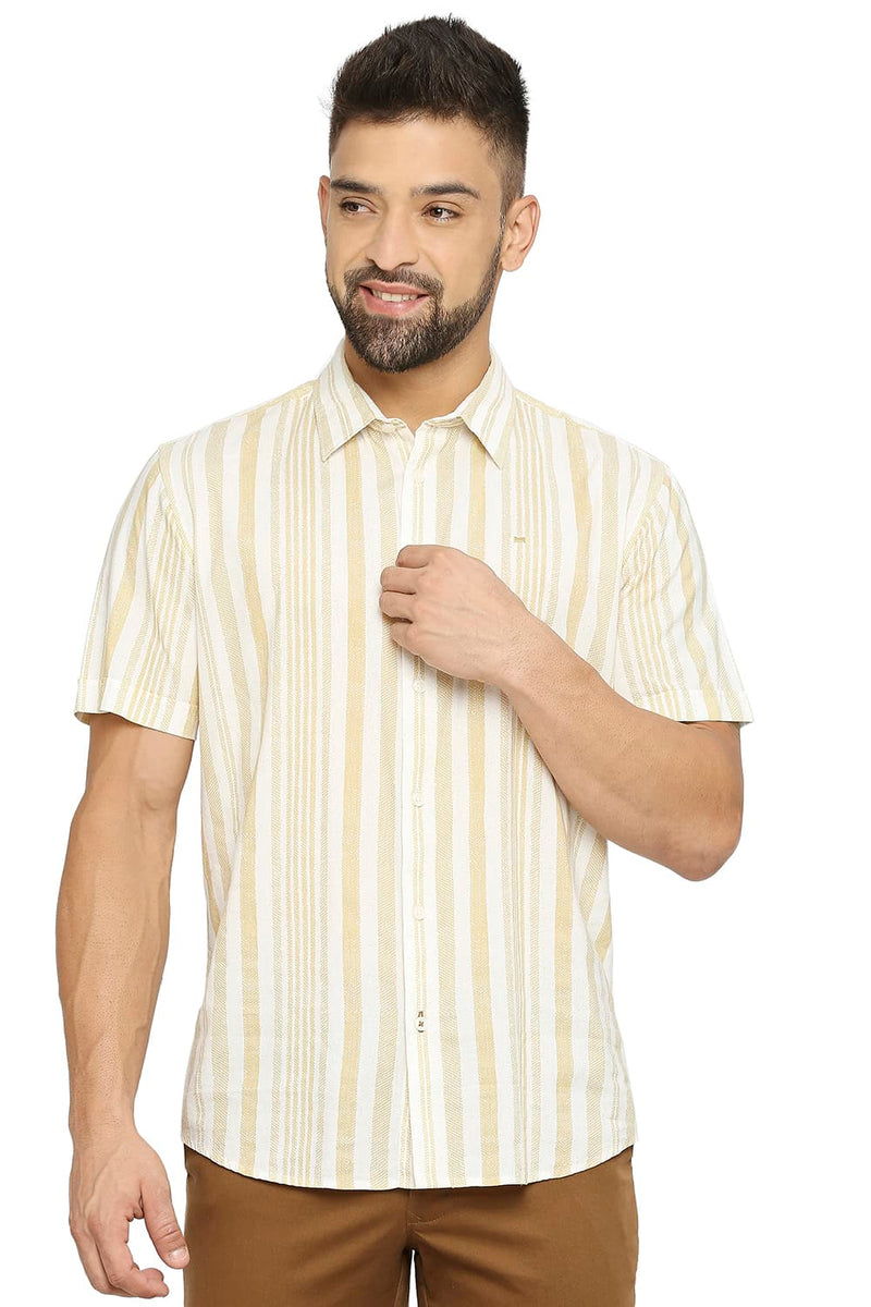 BASICS SLIM FIT COTTON VISCOSE PRINTED STRIPE SHIRT