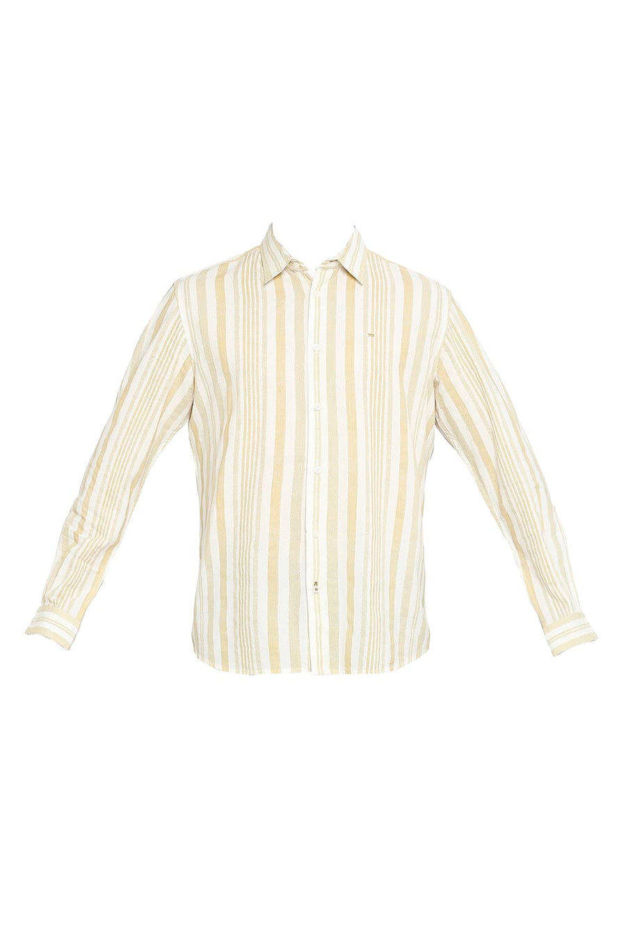 BASICS SLIM FIT SUMMER BEIGE COTTON VISCOSE PRINTED STRIPE SHIRT