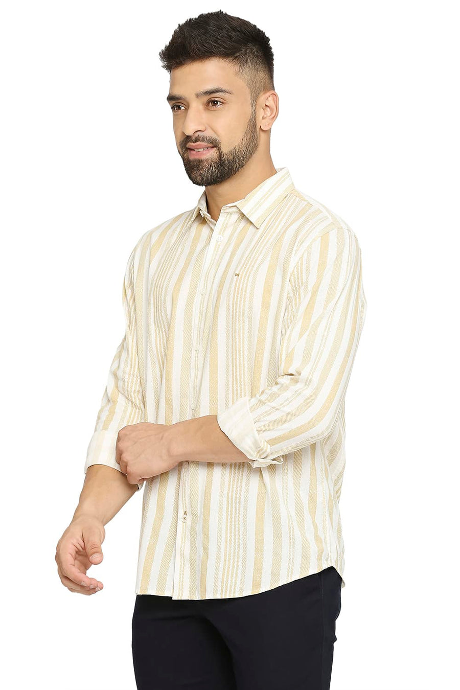 BASICS SLIM FIT SUMMER BEIGE COTTON VISCOSE PRINTED STRIPE SHIRT