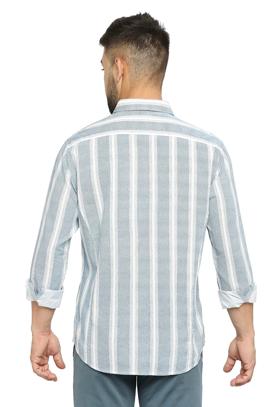 BASICS SLIM FIT STELLAR BLUE COTTON VISCOSE PRINTED STRIPE SHIRT