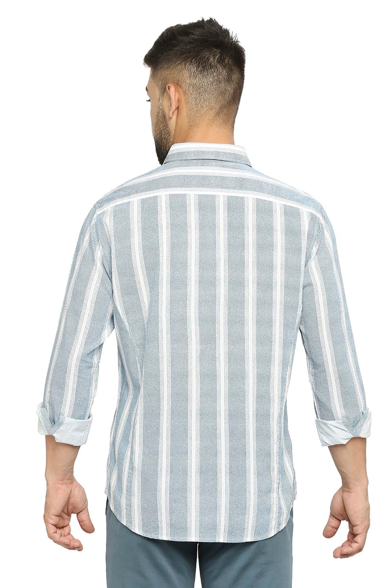 BASICS SLIM FIT COTTON VISCOSE PRINTED STRIPE SHIRT