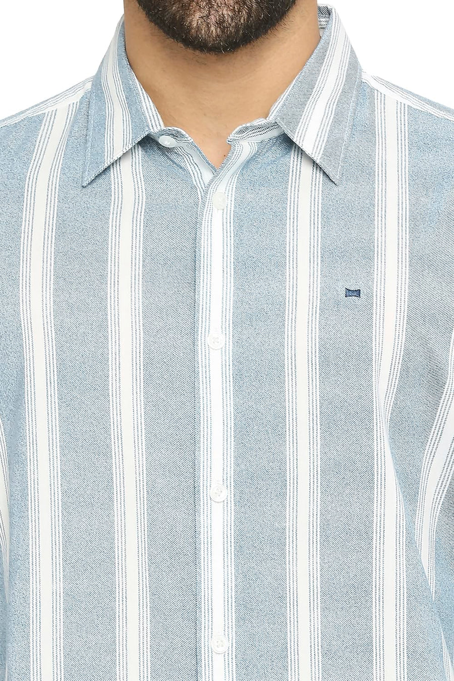 BASICS SLIM FIT STELLAR BLUE COTTON VISCOSE PRINTED STRIPE SHIRT