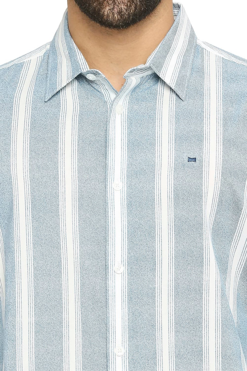 BASICS SLIM FIT COTTON VISCOSE PRINTED STRIPE SHIRT