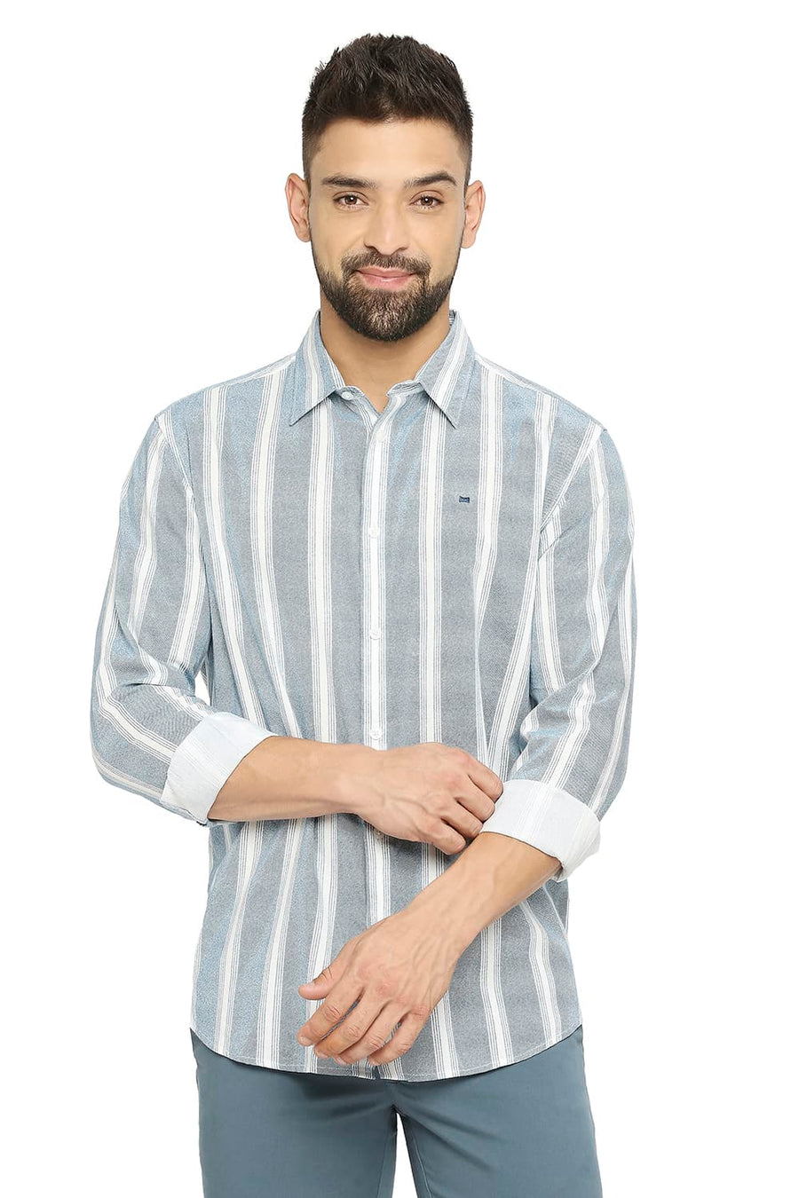 BASICS SLIM FIT STELLAR BLUE COTTON VISCOSE PRINTED STRIPE SHIRT