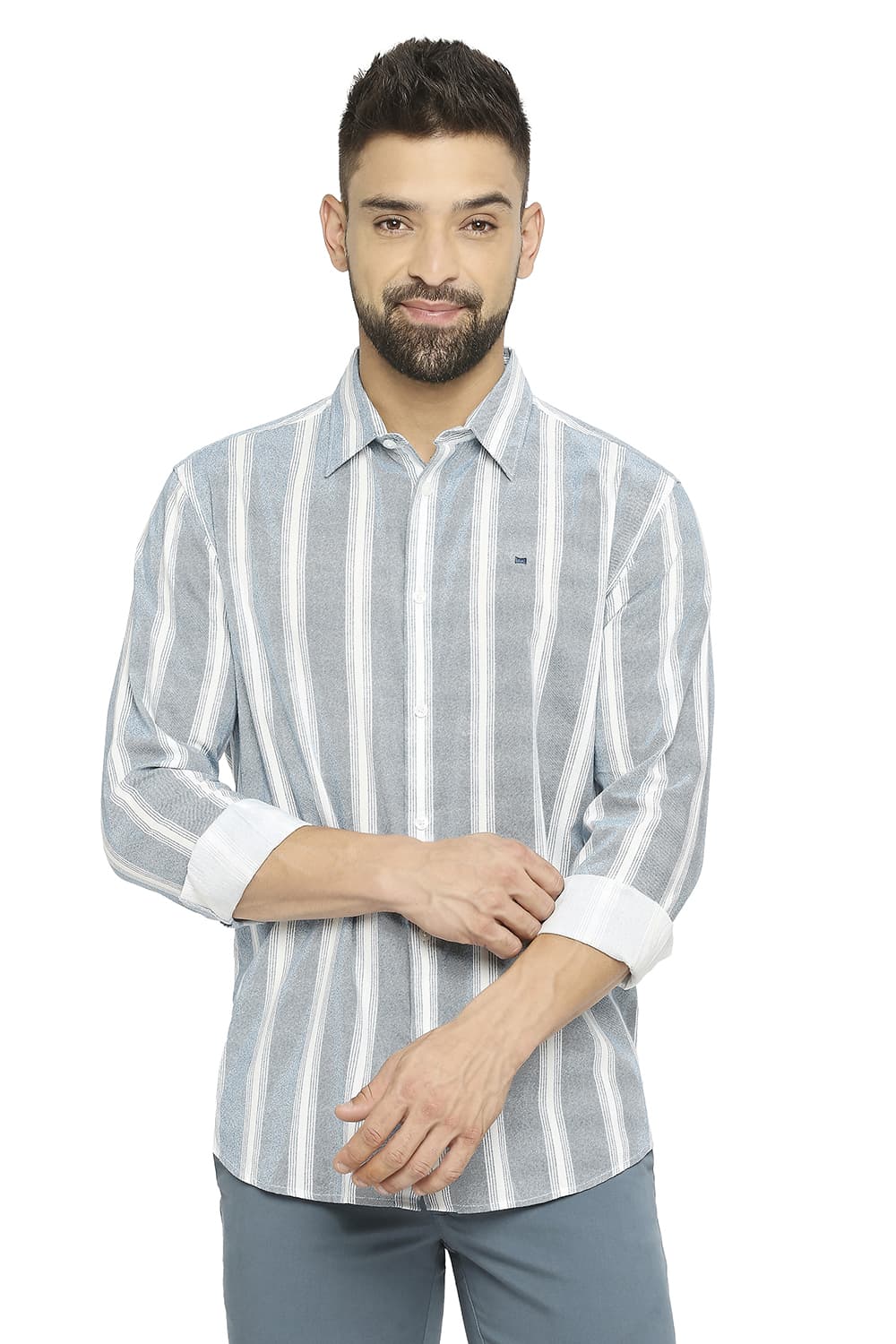 BASICS SLIM FIT COTTON VISCOSE PRINTED STRIPE SHIRT