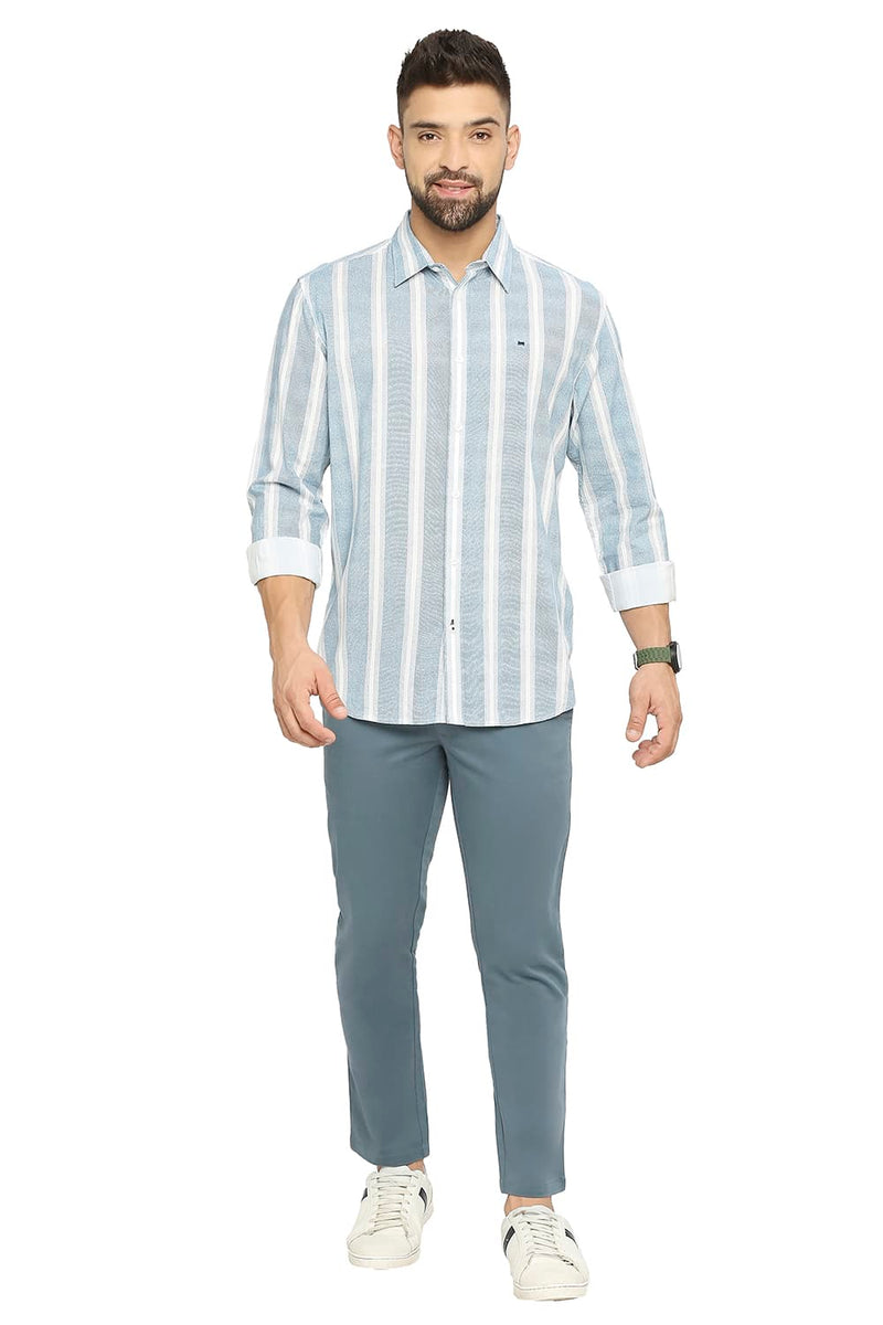 BASICS SLIM FIT COTTON VISCOSE PRINTED STRIPE SHIRT