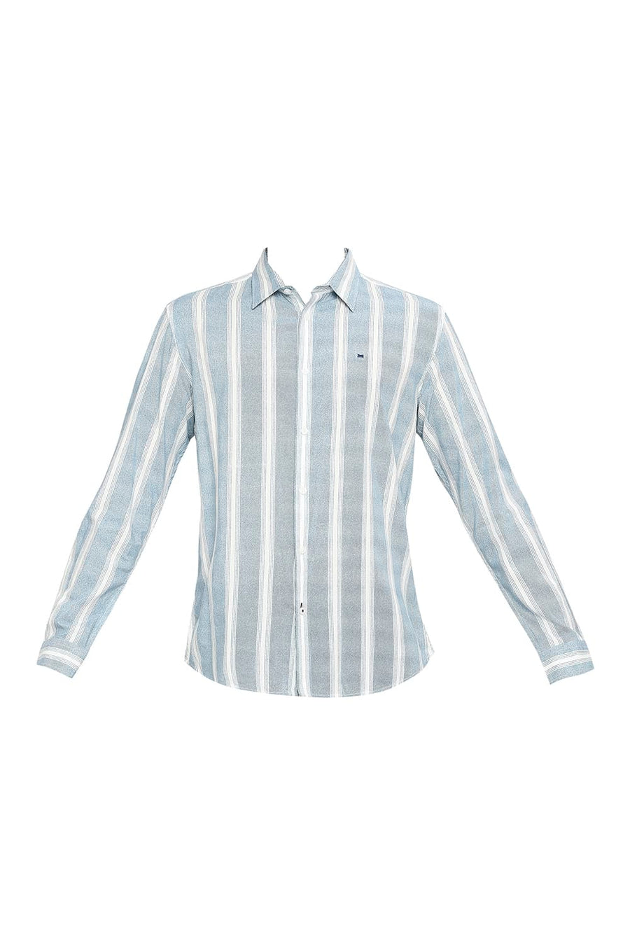 BASICS SLIM FIT STELLAR BLUE COTTON VISCOSE PRINTED STRIPE SHIRT