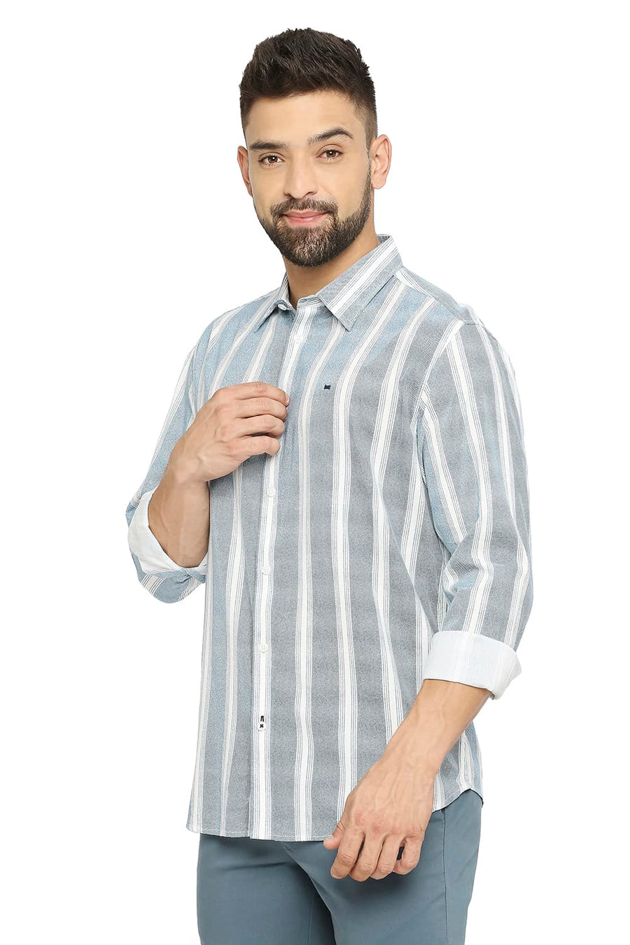 BASICS SLIM FIT STELLAR BLUE COTTON VISCOSE PRINTED STRIPE SHIRT