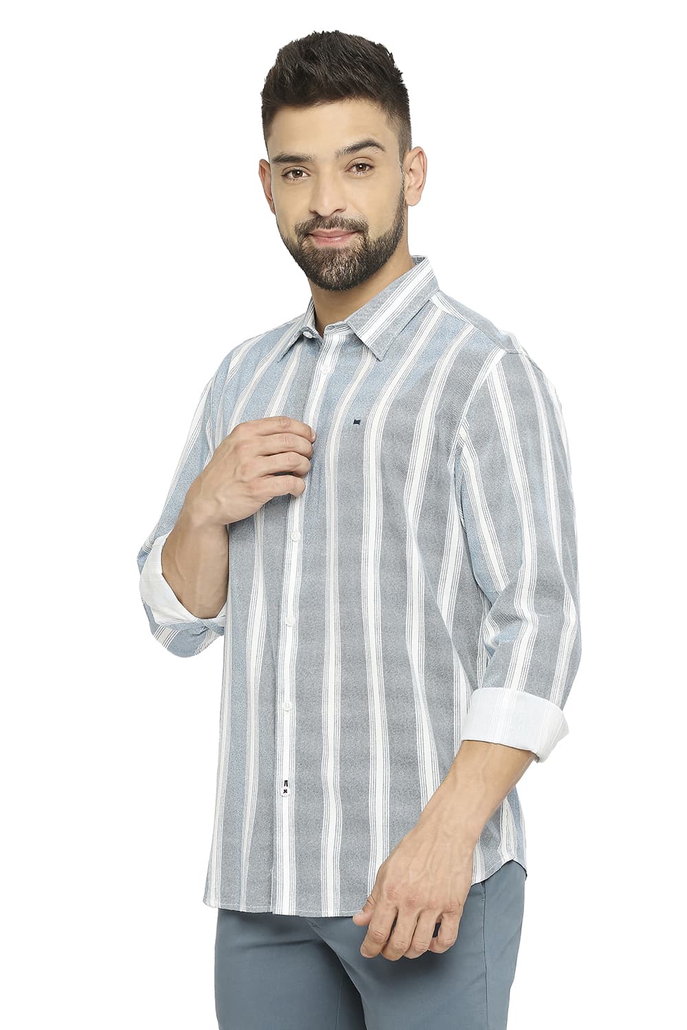 BASICS SLIM FIT COTTON VISCOSE PRINTED STRIPE SHIRT