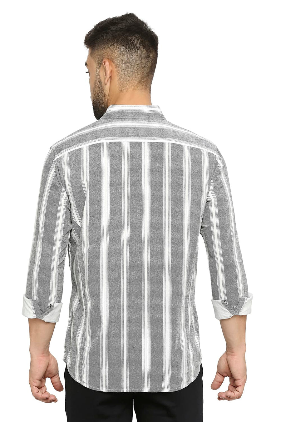 BASICS SLIM FIT PIRATE BLACK COTTON VISCOSE PRINTED STRIPE SHIRT