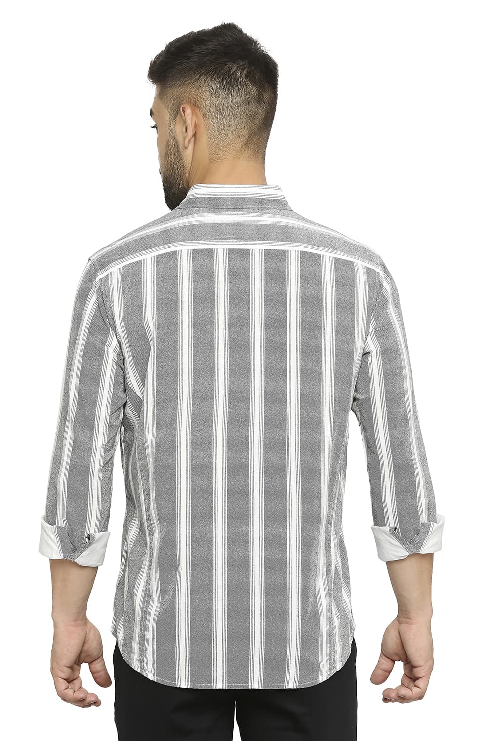 BASICS SLIM FIT COTTON VISCOSE PRINTED STRIPE SHIRT