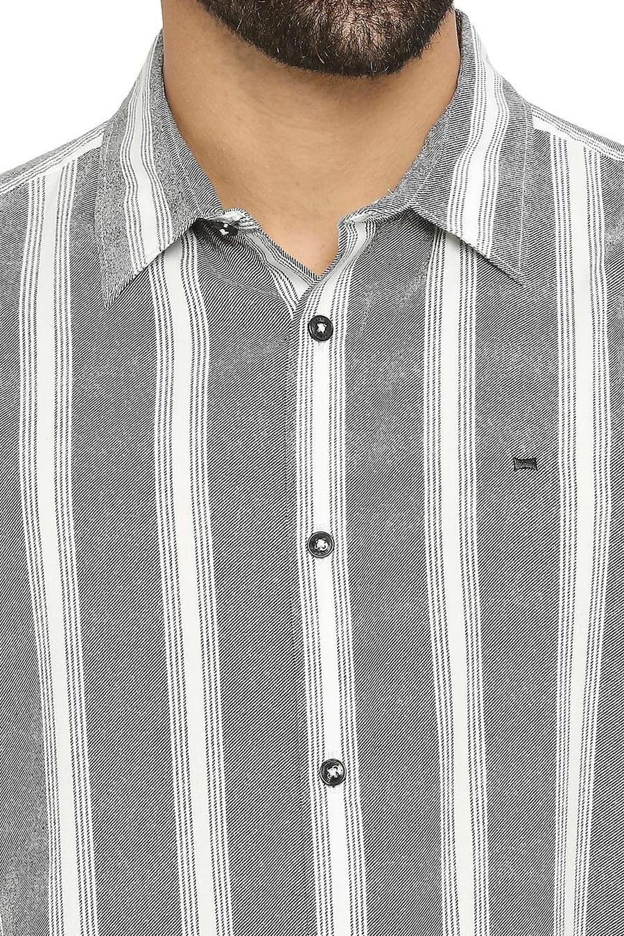BASICS SLIM FIT PIRATE BLACK COTTON VISCOSE PRINTED STRIPE SHIRT