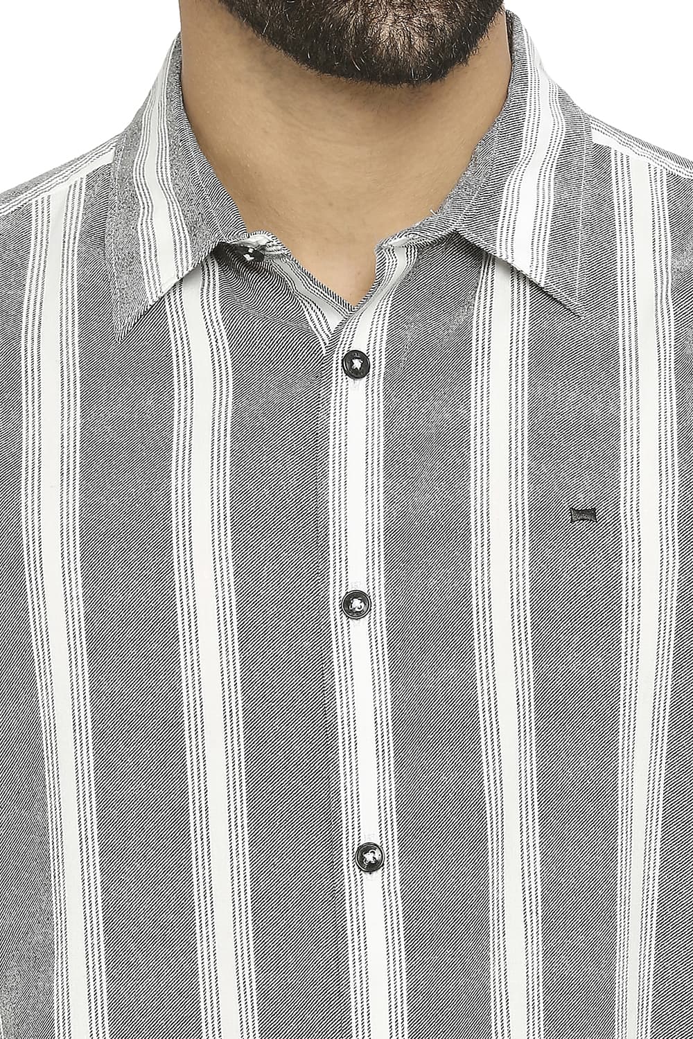 BASICS SLIM FIT COTTON VISCOSE PRINTED STRIPE SHIRT