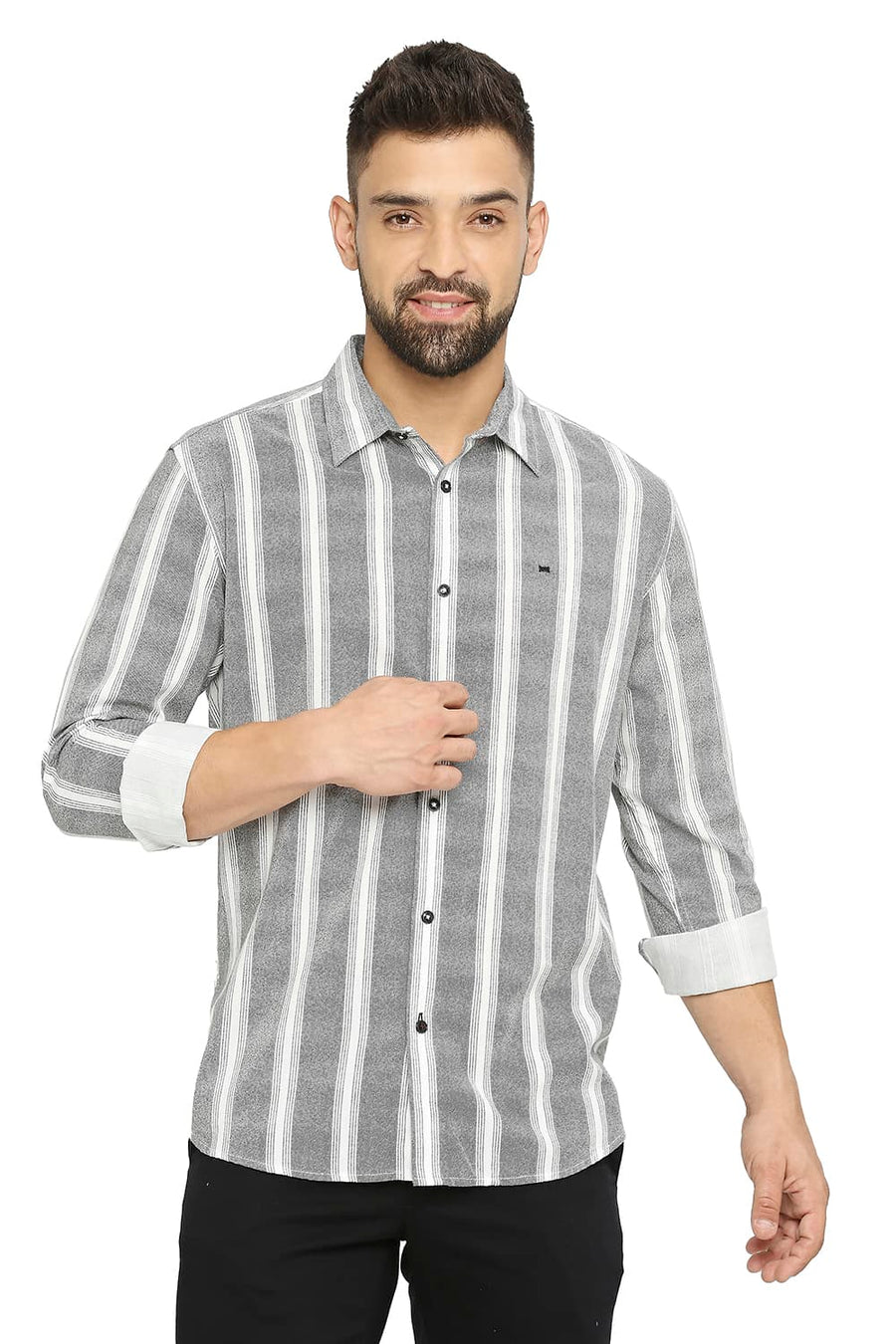 BASICS SLIM FIT PIRATE BLACK COTTON VISCOSE PRINTED STRIPE SHIRT