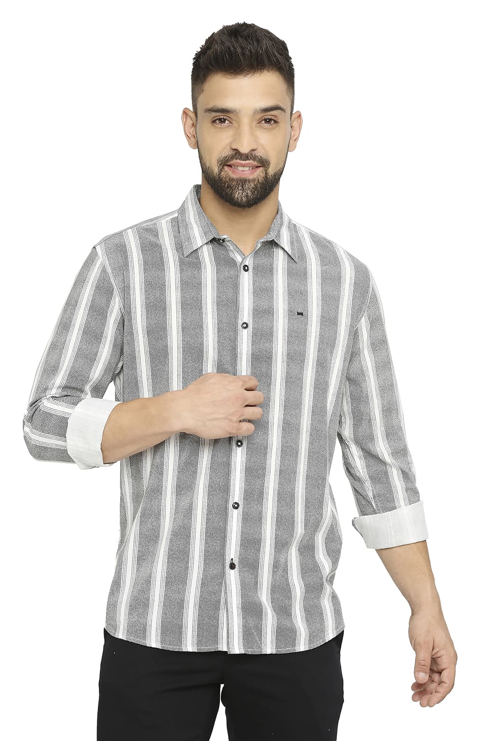 BASICS SLIM FIT COTTON VISCOSE PRINTED STRIPE SHIRT