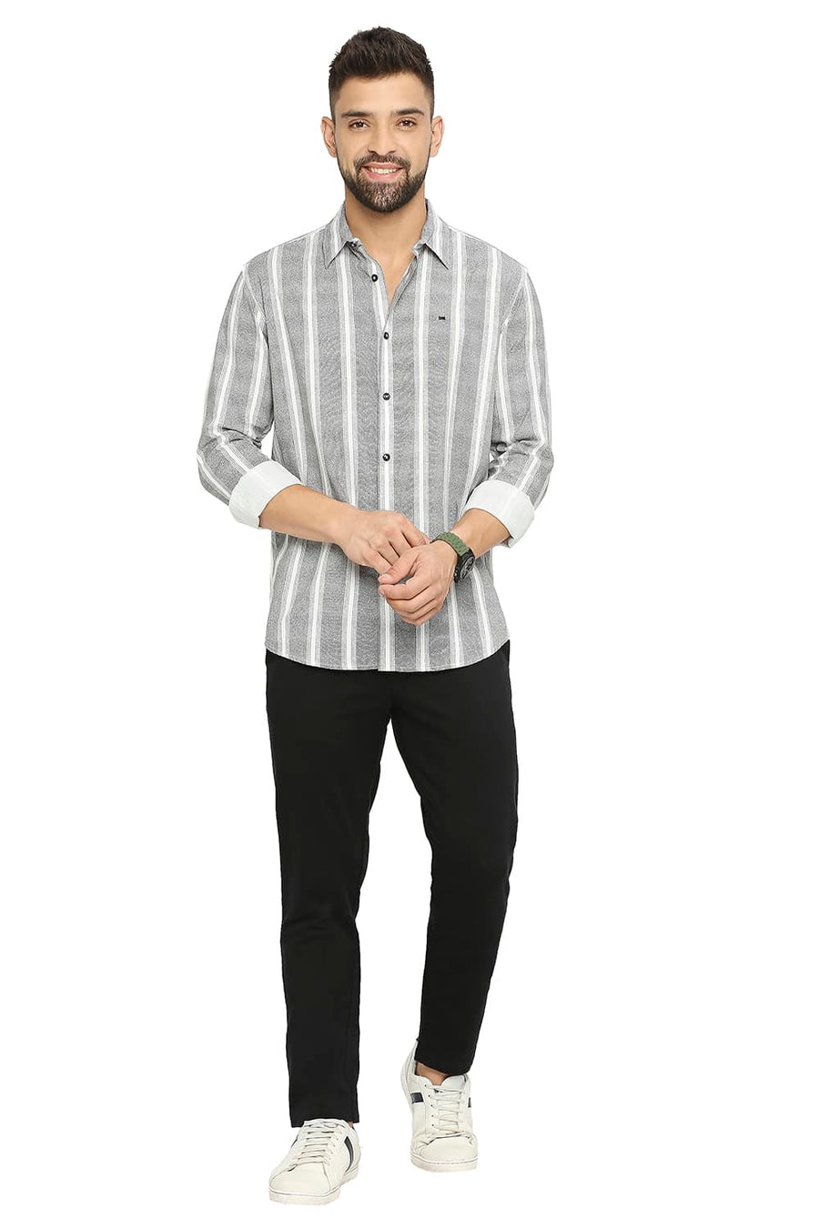 BASICS SLIM FIT PIRATE BLACK COTTON VISCOSE PRINTED STRIPE SHIRT