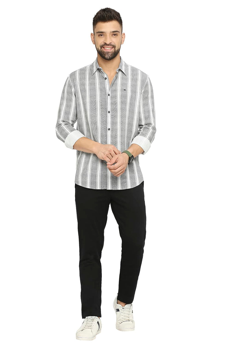 BASICS SLIM FIT COTTON VISCOSE PRINTED STRIPE SHIRT