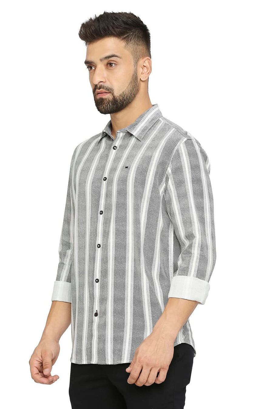 BASICS SLIM FIT PIRATE BLACK COTTON VISCOSE PRINTED STRIPE SHIRT