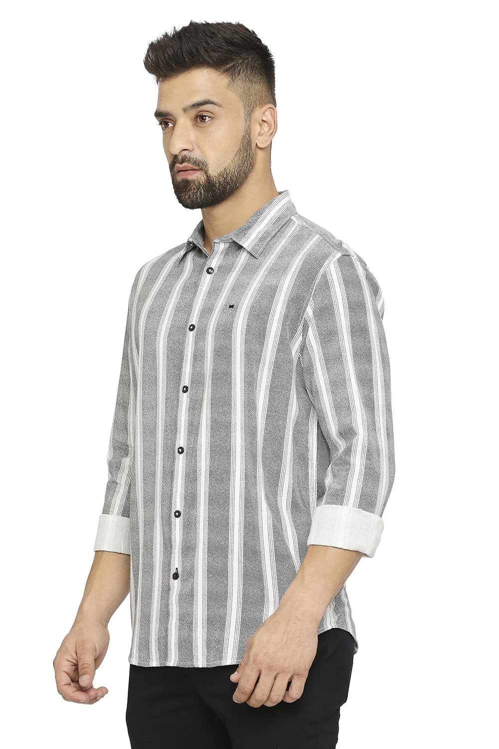 BASICS SLIM FIT COTTON VISCOSE PRINTED STRIPE SHIRT