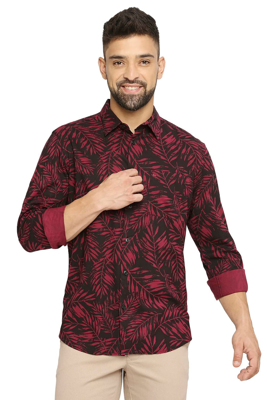 BASICS SLIM FIT PERSIAN WINE COTTON VISCOSE PRINTED SHIRT