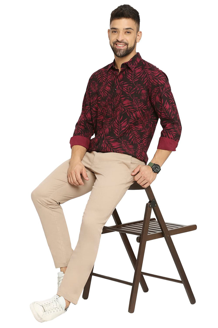 BASICS SLIM FIT PERSIAN WINE COTTON VISCOSE PRINTED SHIRT