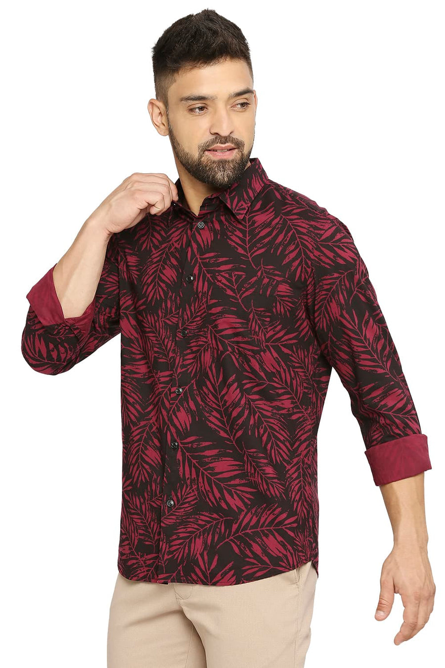 BASICS SLIM FIT PERSIAN WINE COTTON VISCOSE PRINTED SHIRT