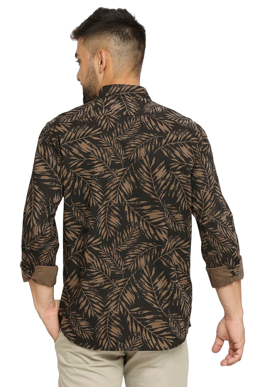 BASICS SLIM FIT OLIVE DRAB COTTON VISCOSE PRINTED SHIRT